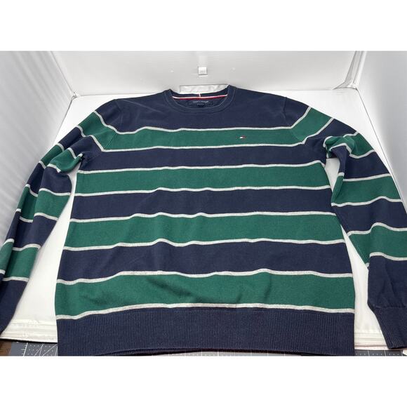Tommy Hilfiger Men's Pullover Navy/Green Striped size Medium Pre-Owned Preppy - Picture 1 of 9